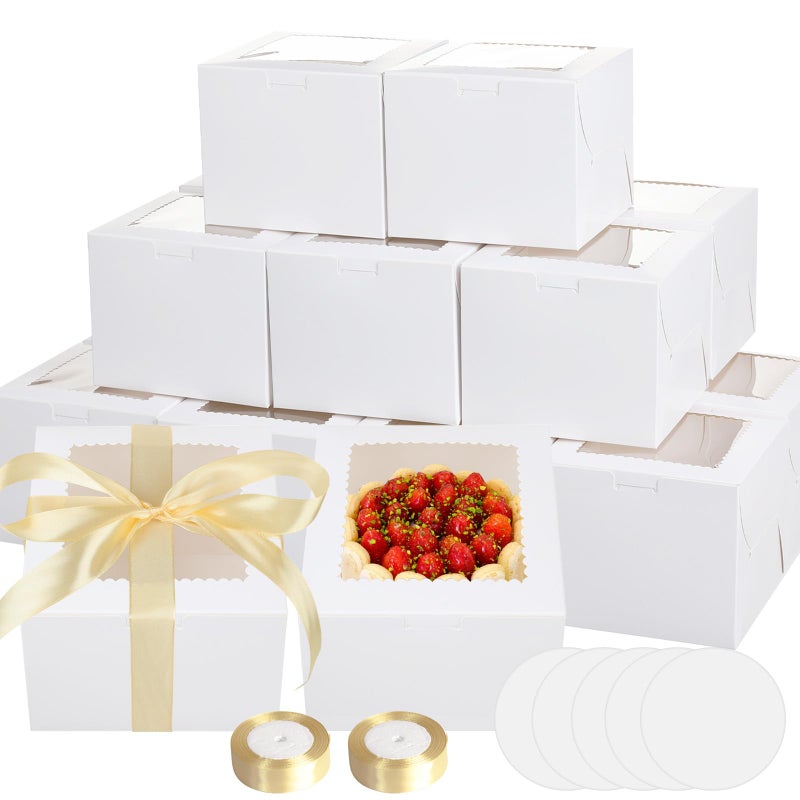 Retainbre 40pcs 8x8x5 Inch Cake Boxes with Cake Boards Cake Boxes 8 Inch with Window Disposable Bakery Containers for Cookie Pastry Cupcakes Wedding Birthday Party Christmas (20 Boxes and 20 Boards, White) - Image 1