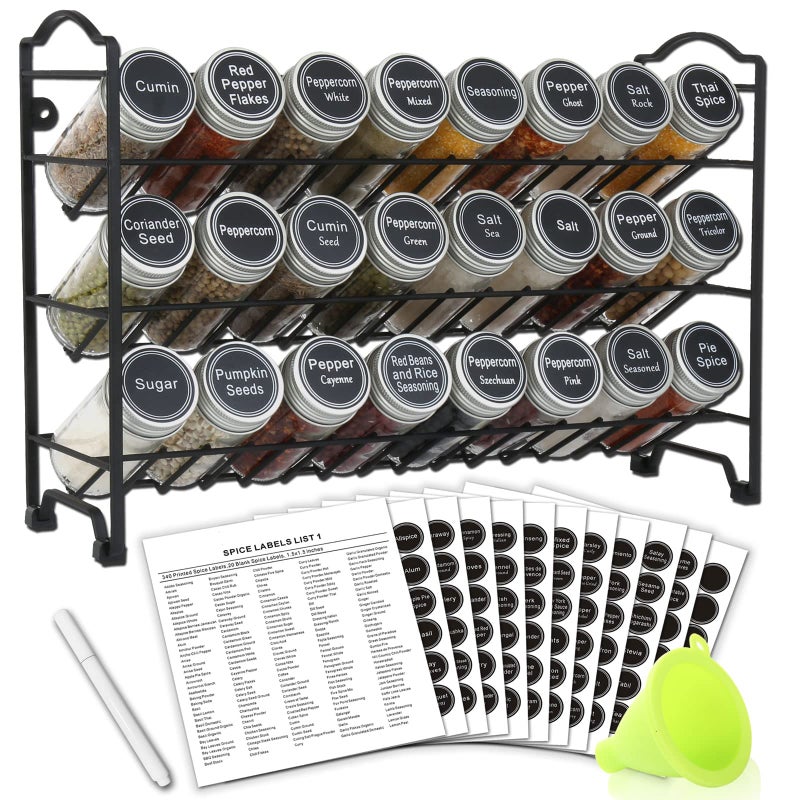 SWOMMOLY 3 Tier Spice Rack Organizer with 24 Empty Round Spice Jars 396 Spice Labels Funnel and Chalk Marker Complete Set Black