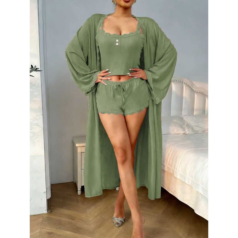 New Lace Camisole Trim European and American Women's Homewear Three-Piece Set Fashion Sexy Casual Slim Breathable Export