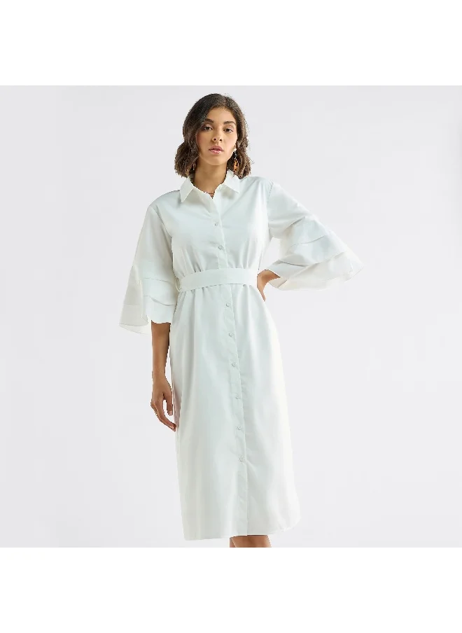 FAV Solid Shirt Dress with Ruffle Sleeves and Belt