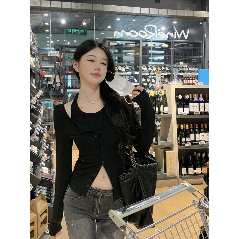 Pure Sweet Spice Girl Hanging Neck T-shirt Women's Base Shirt Women's Inner Design Niche Special Fake Two-piece Top Spring - Image 1