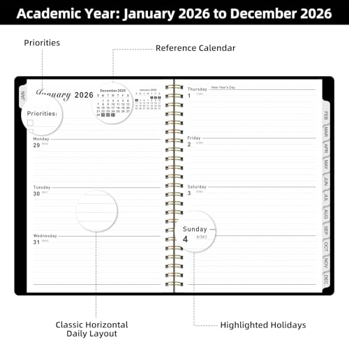 ZTX 2026 Planner Weekly and Monthly Planner Calendar,Jan 2026-Dec 2026.Wirebound,Laminated Tabs,Storage Pocket,for Teachers,Students,Women & Men,A5 size,Black - Image 2