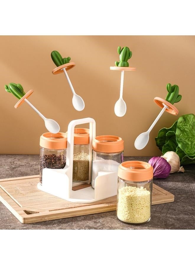 Glass Cactus Spice Jar Multicolour Condiment Canisters Set, Glass Spice Jars, Seasoning Box Salt Container Box with Lid and Spoon, Multifunctional Travel Seasoning Box for Kitchen Cafe Storing Salt Sugar Pepper  - Image 2