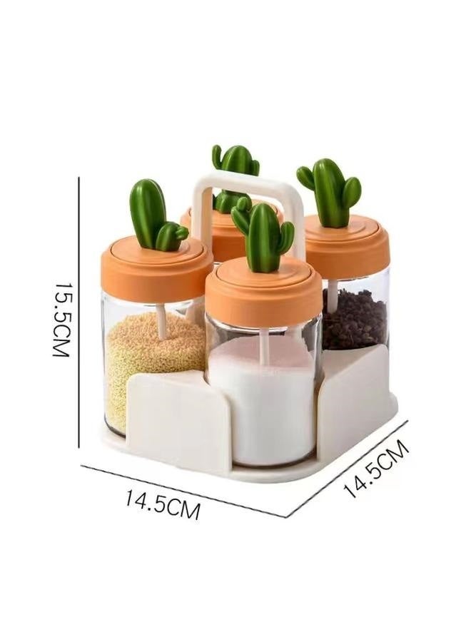 Glass Cactus Spice Jar Multicolour Condiment Canisters Set, Glass Spice Jars, Seasoning Box Salt Container Box with Lid and Spoon, Multifunctional Travel Seasoning Box for Kitchen Cafe Storing Salt Sugar Pepper  - Image 1