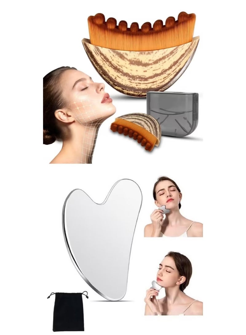 BUPY Facial Gua Sha Set Stainless Steel Heart Scraping Tool Wood Massage Comb Face Lifting Beauty Kit - Image 1
