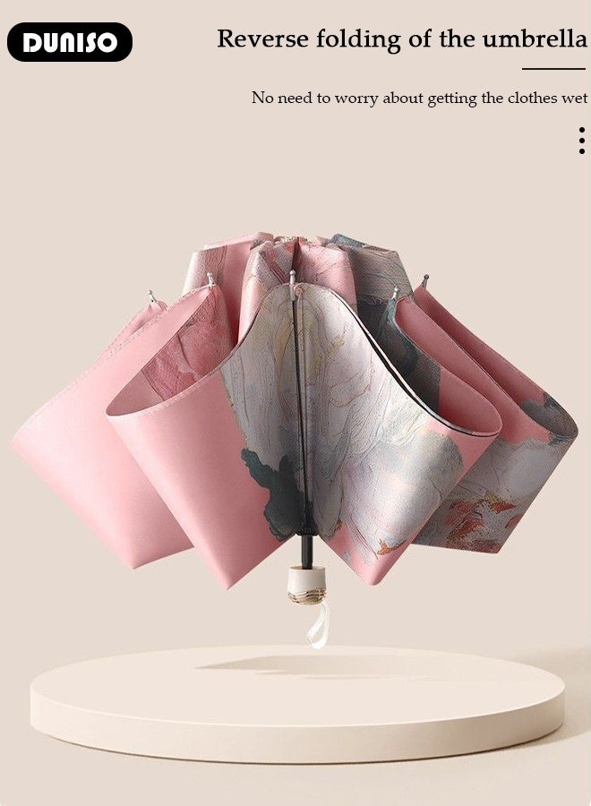 DUNISO Elegant Compact Folding Umbrella Double-sided Printed Oil Painting Floral Umbrellas Windproof Sun-Shade 3 Fold Umbrella with Portable Handbag for Travel Outdoor UV Protection Sun and Rain  - Image 3