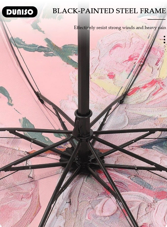 DUNISO Elegant Compact Folding Umbrella Double-sided Printed Oil Painting Floral Umbrellas Windproof Sun-Shade 3 Fold Umbrella with Portable Handbag for Travel Outdoor UV Protection Sun and Rain  - Image 4