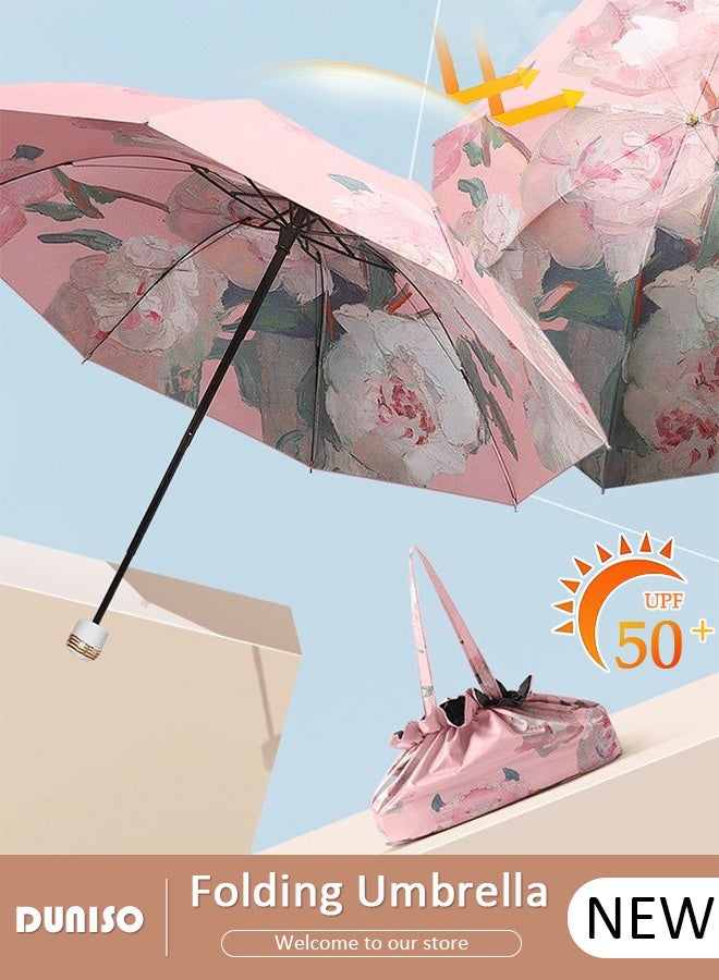 DUNISO Elegant Compact Folding Umbrella Double-sided Printed Oil Painting Floral Umbrellas Windproof Sun-Shade 3 Fold Umbrella with Portable Handbag for Travel Outdoor UV Protection Sun and Rain  - Image 1