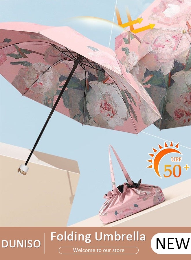 DUNISO Elegant Compact Folding Umbrella Double-sided Printed Oil Painting Floral Umbrellas Windproof Sun-Shade 3 Fold Umbrella with Portable Handbag for Travel Outdoor UV Protection Sun and Rain - Image 1