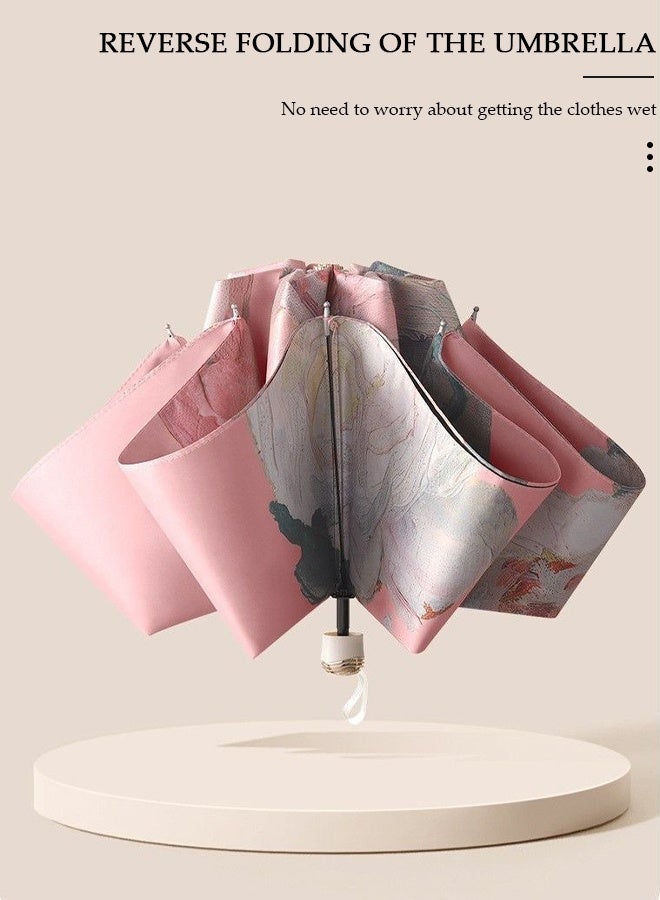 DUNISO Elegant Compact Folding Umbrella Double-sided Printed Oil Painting Floral Umbrellas Windproof Sun-Shade 3 Fold Umbrella with Portable Handbag for Travel Outdoor UV Protection Sun and Rain - Image 3