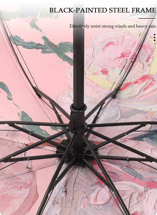 DUNISO Elegant Compact Folding Umbrella Double-sided Printed Oil Painting Floral Umbrellas Windproof Sun-Shade 3 Fold Umbrella with Portable Handbag for Travel Outdoor UV Protection Sun and Rain - Image 4
