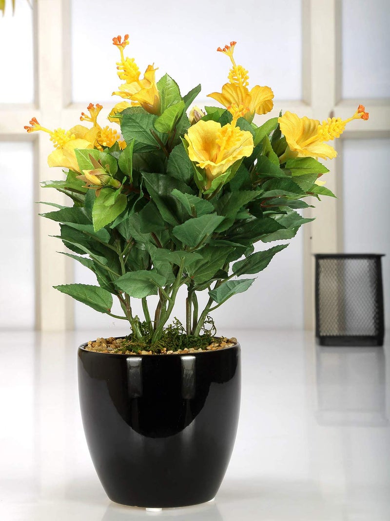 Fourwalls Artificial Hibiscus Flower Bonsai Plant in a Ceramic Vase for Home and Office Decor 31 cm Tall Yellow - Image 1