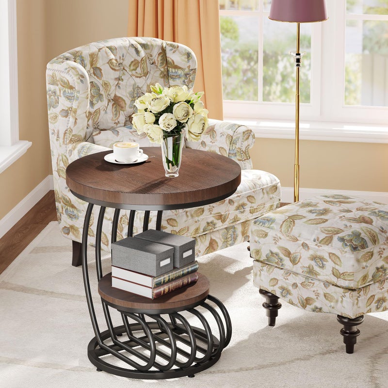 Tribesigns Round End Side Table: Side Table with 2 Tiers Storage Shelves, Vintage End Table for Living Room, Small Bedside Table Accent Table with Arc-Shaped Frame, Rustic Brown - Image 4