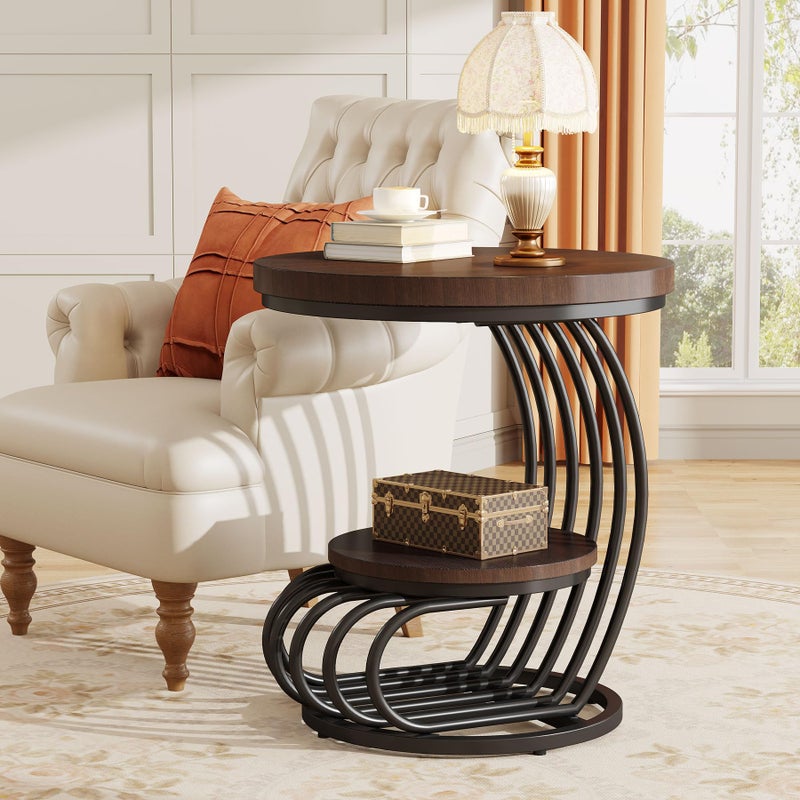 Tribesigns Round End Side Table: Side Table with 2 Tiers Storage Shelves, Vintage End Table for Living Room, Small Bedside Table Accent Table with Arc-Shaped Frame, Rustic Brown - Image 1
