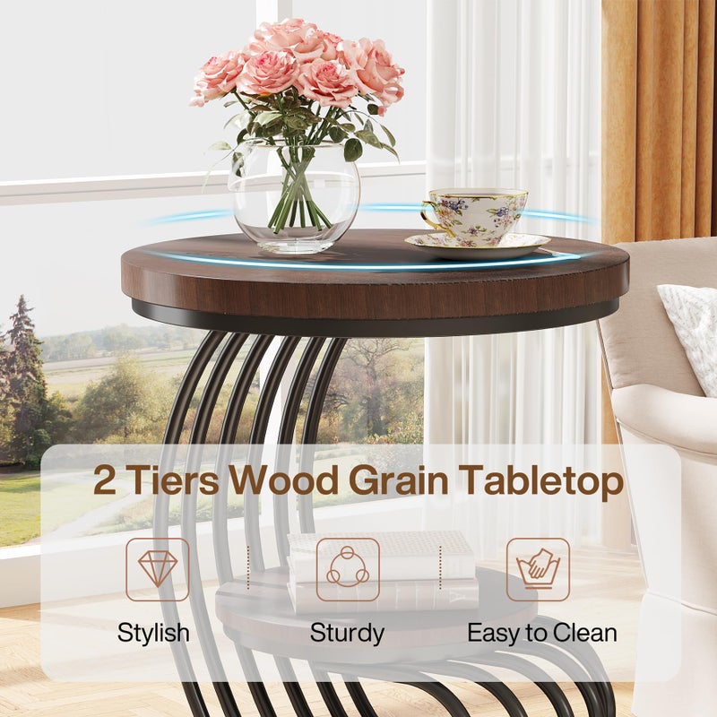 Tribesigns Round End Side Table: Side Table with 2 Tiers Storage Shelves, Vintage End Table for Living Room, Small Bedside Table Accent Table with Arc-Shaped Frame, Rustic Brown - Image 5