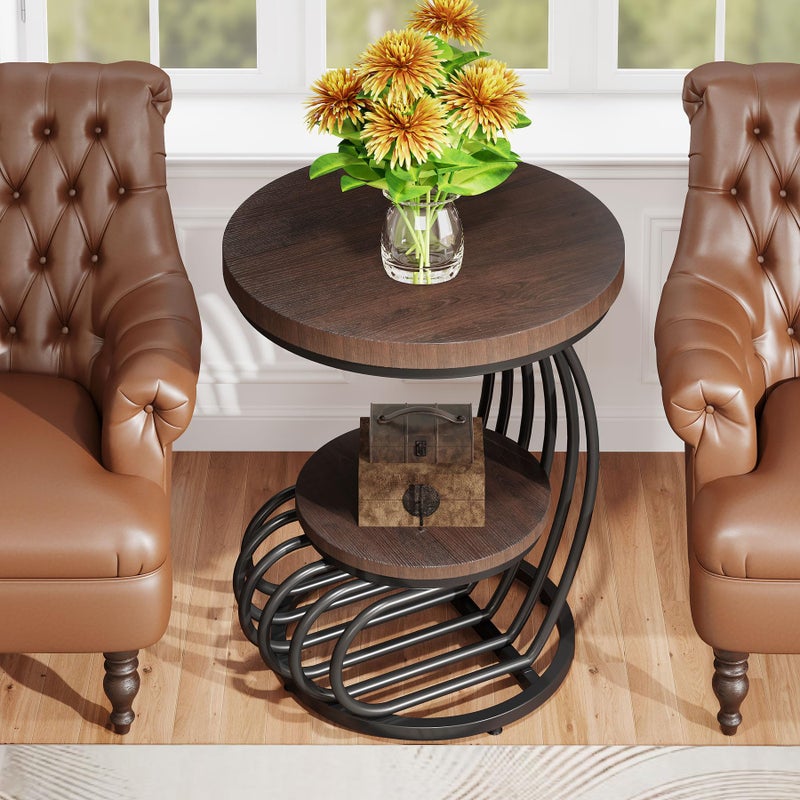 Tribesigns Round End Side Table: Side Table with 2 Tiers Storage Shelves, Vintage End Table for Living Room, Small Bedside Table Accent Table with Arc-Shaped Frame, Rustic Brown - Image 3