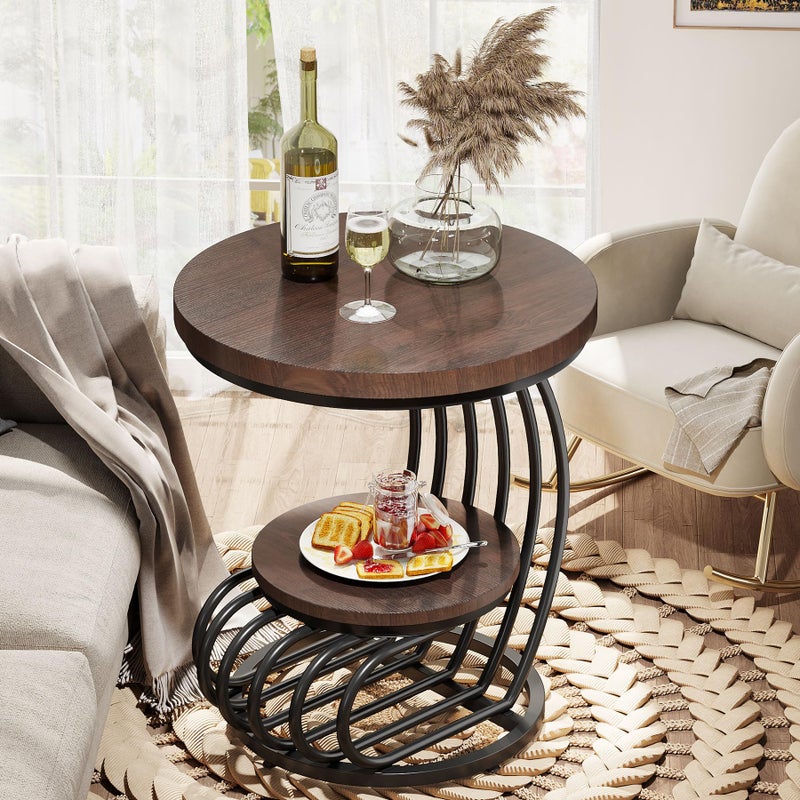Tribesigns Round End Side Table: Side Table with 2 Tiers Storage Shelves, Vintage End Table for Living Room, Small Bedside Table Accent Table with Arc-Shaped Frame, Rustic Brown - Image 2