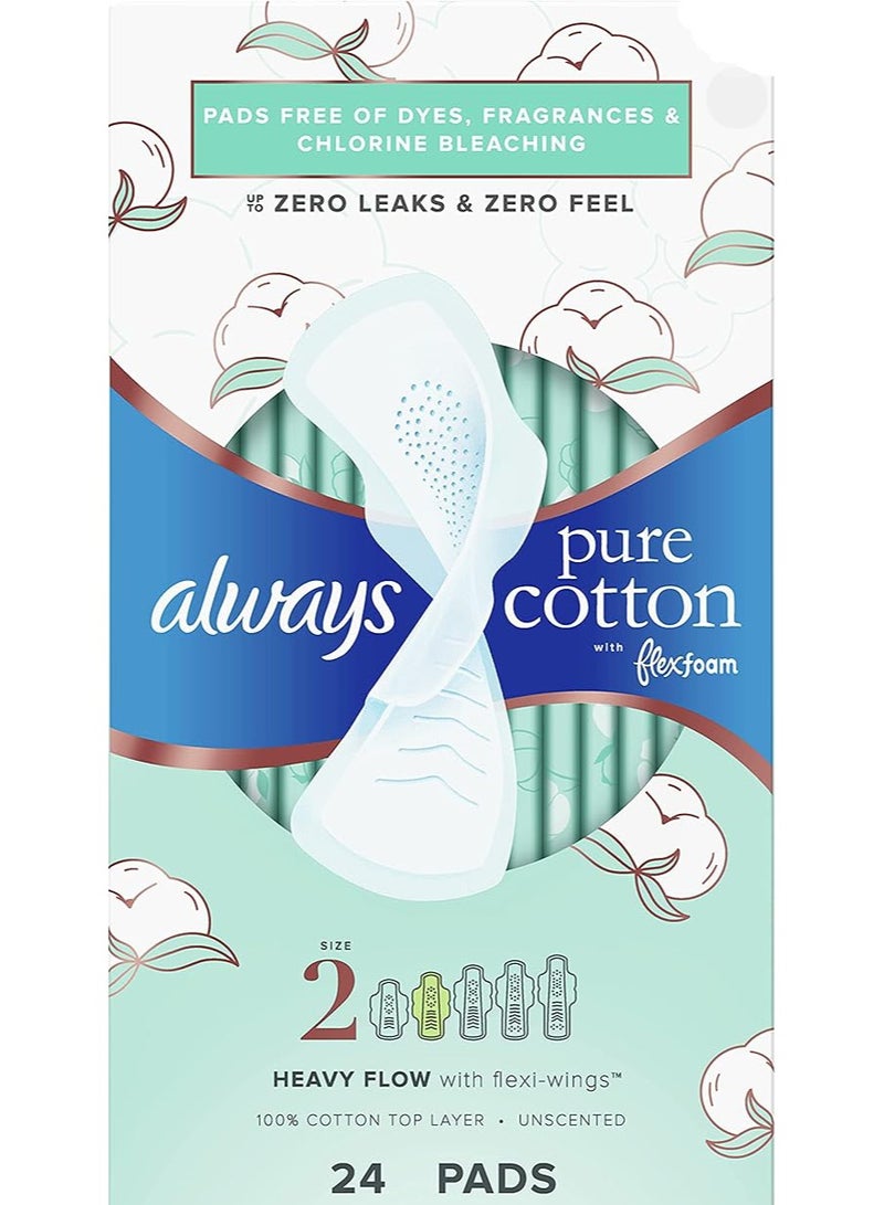 Always Pure Cotton, Feminine Pads For Women, Size 2 Heavy Flow Absorbency, Multipack, With Flexfoam, With Wings, Unscented, 24 Count x 3 Packs (72 Count total) - Image 1