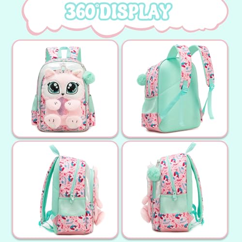 Meetbelify Kids Backpacks for Girls School Backpack with Lunch Bag Pencil Case for Elementary Student 3D Cute Carton Plush Kids Travel School Bag for Girls Ages 6-8 Years Old Pink - Image 3