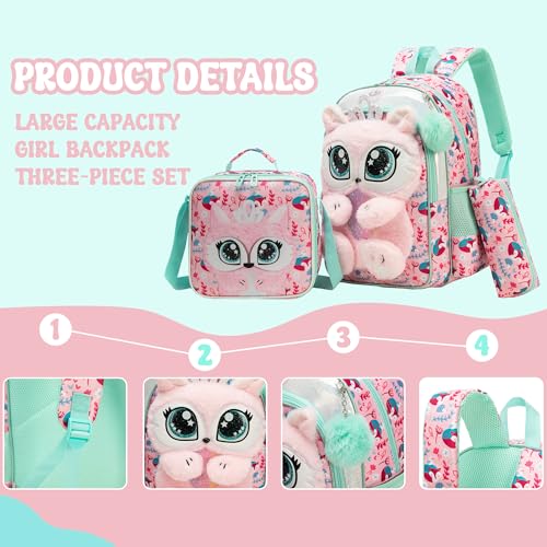 Meetbelify Kids Backpacks for Girls School Backpack with Lunch Bag Pencil Case for Elementary Student 3D Cute Carton Plush Kids Travel School Bag for Girls Ages 6-8 Years Old Pink - Image 4