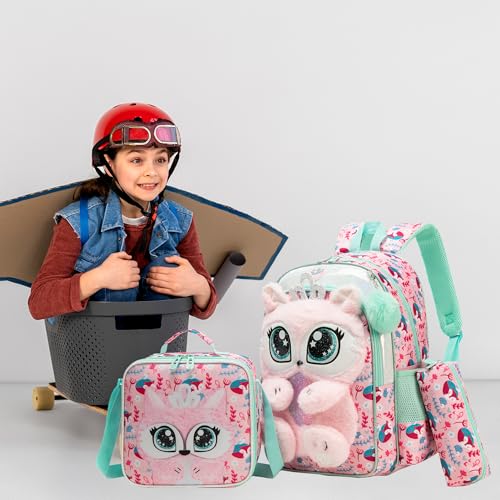 Meetbelify Kids Backpacks for Girls School Backpack with Lunch Bag Pencil Case for Elementary Student 3D Cute Carton Plush Kids Travel School Bag for Girls Ages 6-8 Years Old Pink - Image 5