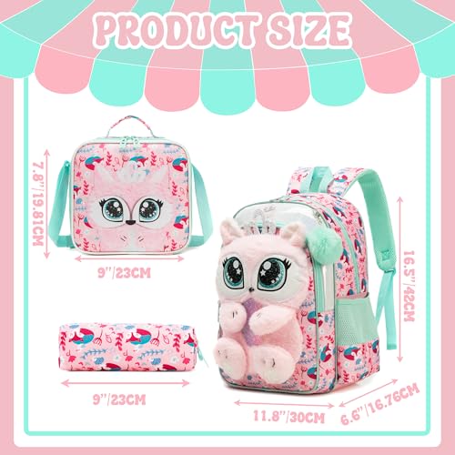 Meetbelify Kids Backpacks for Girls School Backpack with Lunch Bag Pencil Case for Elementary Student 3D Cute Carton Plush Kids Travel School Bag for Girls Ages 6-8 Years Old Pink - Image 2