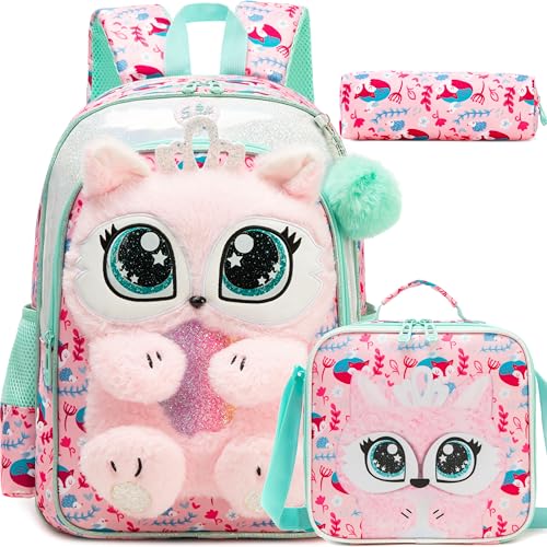 Meetbelify Kids Backpacks for Girls School Backpack with Lunch Bag Pencil Case for Elementary Student 3D Cute Carton Plush Kids Travel School Bag for Girls Ages 6-8 Years Old Pink - Image 1
