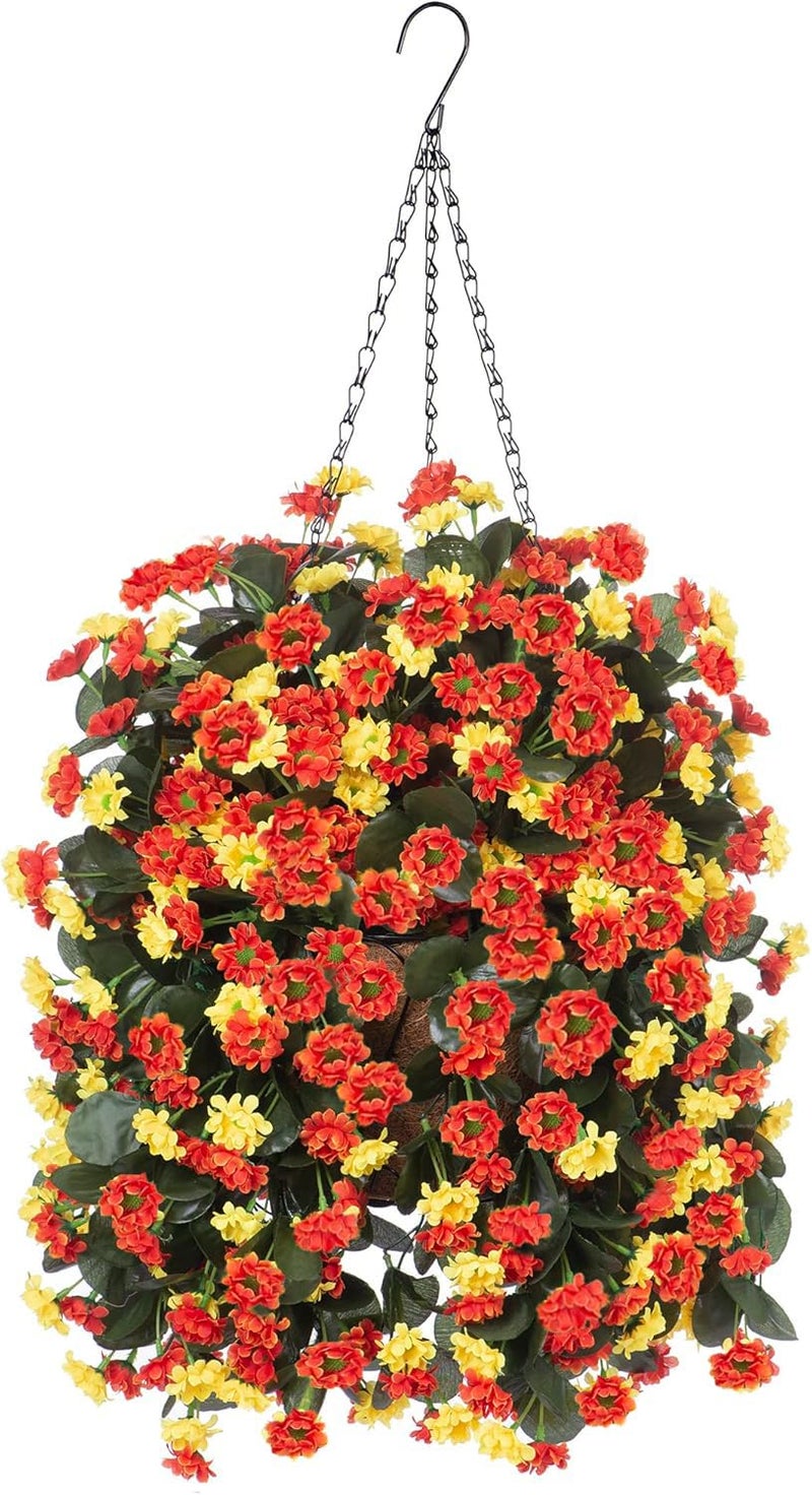 Ammyoo Artificial Flowers in Hanging Basket for Outdoors Indoors Decor Fake Mums Bush Flowers Plants with Baskets for Home Porch Garden Yard Patio Spring Summer Decoration Orange Yellow