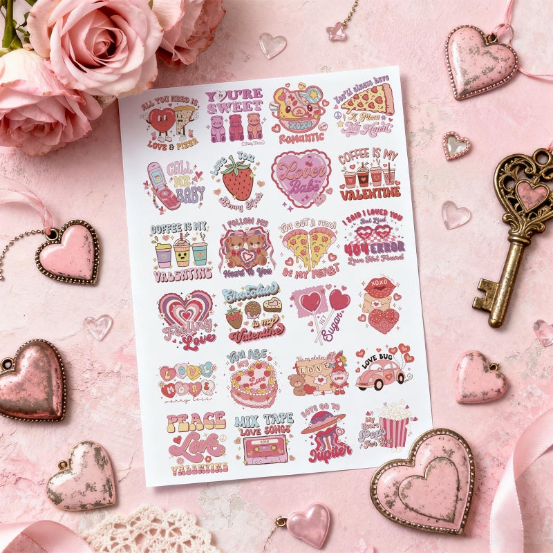 AFRITEE Valentine's Day UV DTF Stickers - 30 Sheets Cute Strawberry Heart Bear UV DTF Tumbler Wrap for 16 oz Glass, XOXO Cake Candy Love Letter Fun Transfer Decal DIY Water Bottle Decorations Gift for Women - Image 2