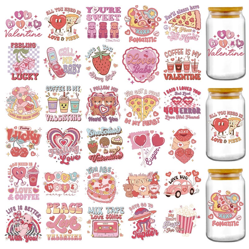 AFRITEE Valentine's Day UV DTF Stickers - 30 Sheets Cute Strawberry Heart Bear UV DTF Tumbler Wrap for 16 oz Glass, XOXO Cake Candy Love Letter Fun Transfer Decal DIY Water Bottle Decorations Gift for Women - Image 1