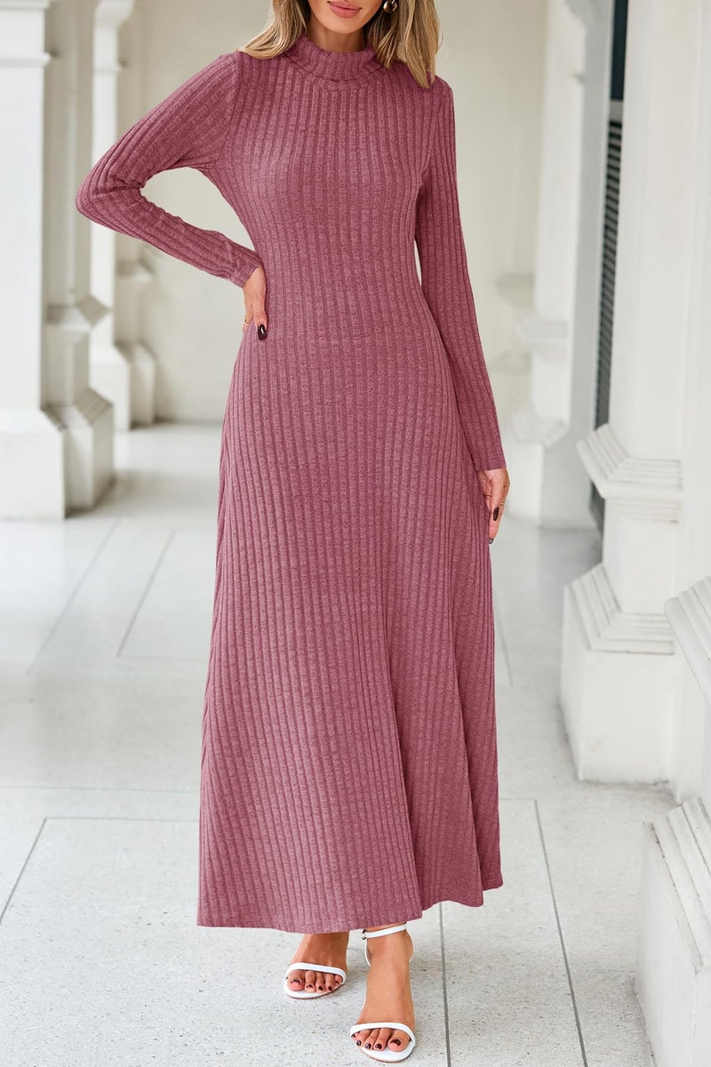 MITILLY Women Long Sleeve Maxi Dress 2025 Fall Winter Casual Turtle Neck Ribbed Knit Sweater Bodycon Going Out Dresses Medium Bean Paste - Image 2