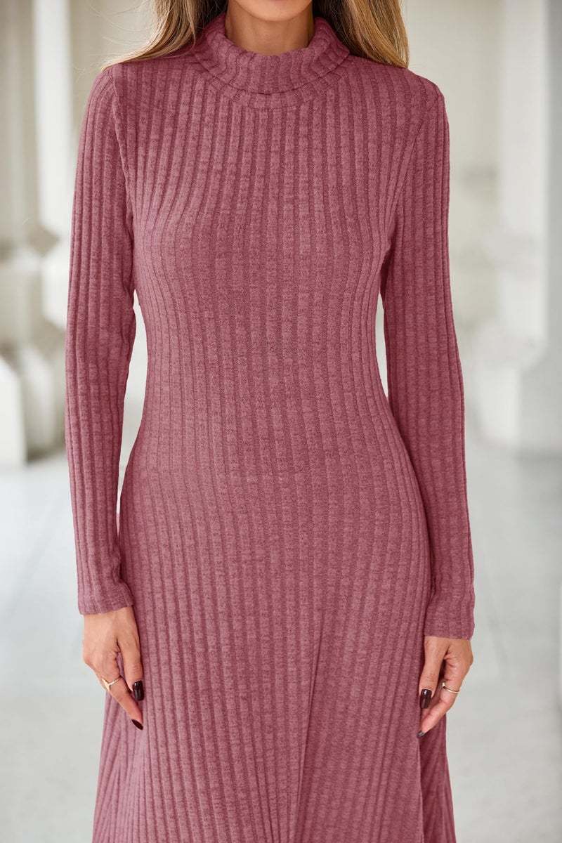 MITILLY Women Long Sleeve Maxi Dress 2025 Fall Winter Casual Turtle Neck Ribbed Knit Sweater Bodycon Going Out Dresses Medium Bean Paste - Image 3