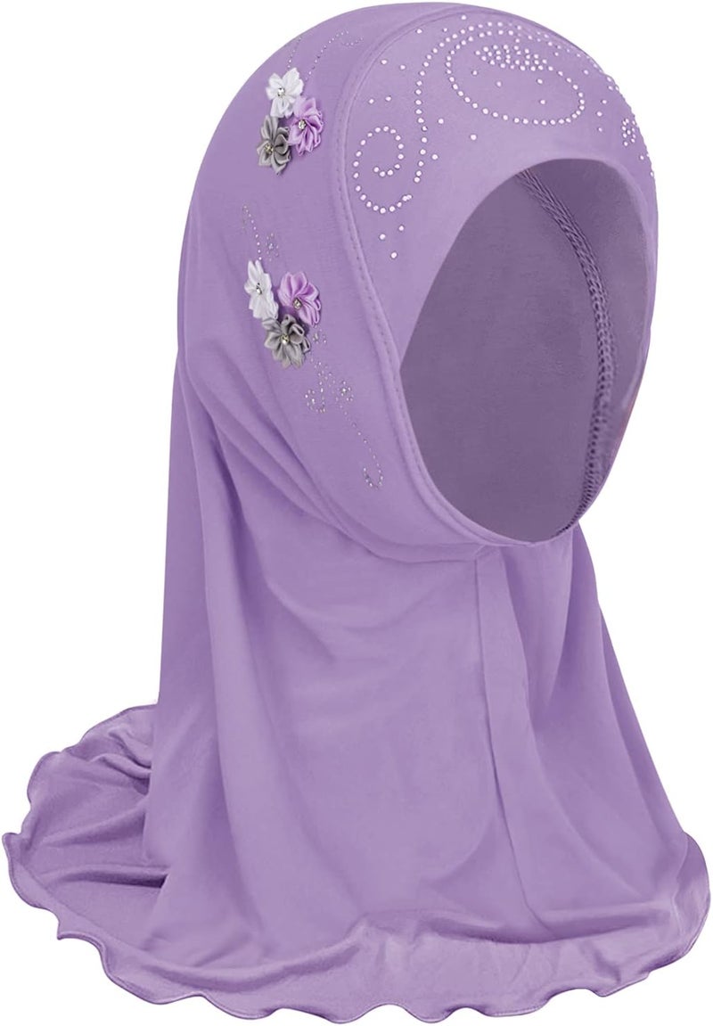 NICEYST Girls Ice Silk Muslim Khimar Hijab Headscarf Flower Arab Scarf Shawls Neck Wrap Islamic Head Wrap for Age 2-7 Years - Image 1