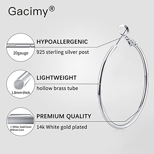 Gacimy Large Big Hoop Earrings for Women 14K White Gold Plated, 925 Sterling Silver Post Hoops for Women, 70mm Silver Tone Earrings - Image 2