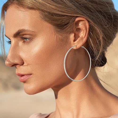 Gacimy Large Big Hoop Earrings for Women 14K White Gold Plated, 925 Sterling Silver Post Hoops for Women, 70mm Silver Tone Earrings - Image 4