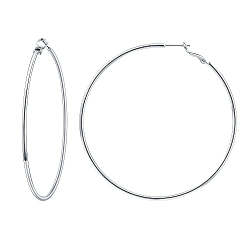 Gacimy Large Big Hoop Earrings for Women 14K White Gold Plated, 925 Sterling Silver Post Hoops for Women, 70mm Silver Tone Earrings - Image 1