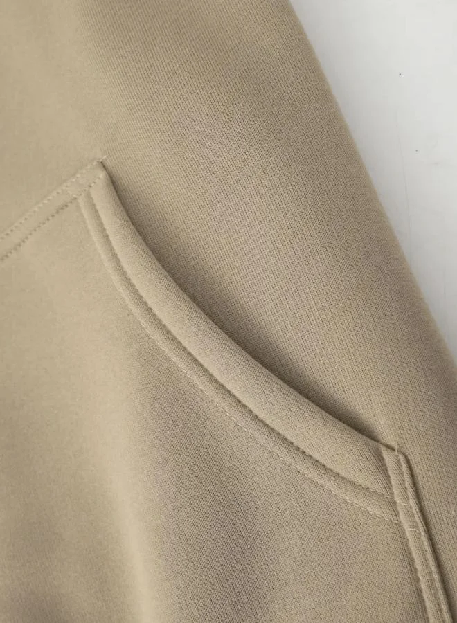 Take Two Take Two Men Beige Solid Hoodie with Kangaroo Pocket