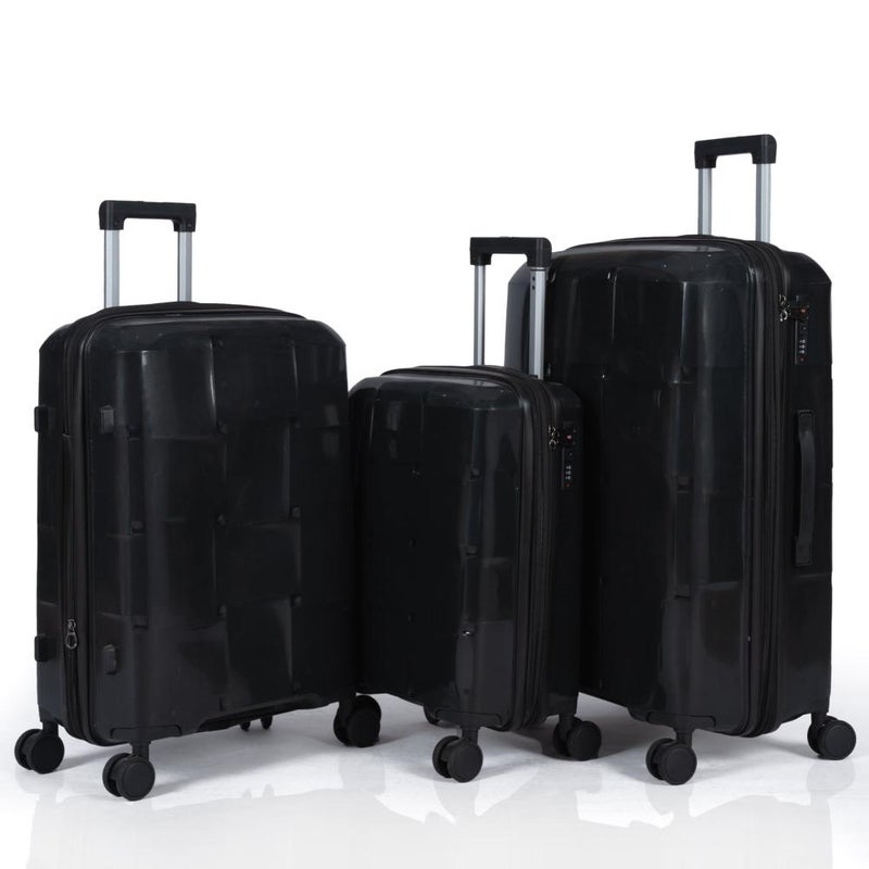 3-Piece Shatterproof Luggage Set, Durable Polypropylene Material, Unique Geometric Design with Extra Expansion Zipper, Black - Image 1