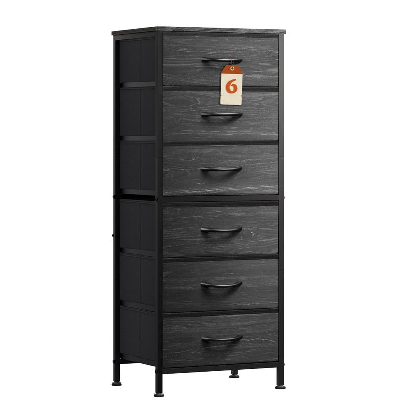 WLIVE Tall Dresser for Bedroom, 6 Drawer Dressers & Chests of Drawers, Fabric Dresser for Closet, Night Stand with Metal Frame, Storage Tower with Fabric Bins, Woodtop, Charcoal Black Wood Grain Print - Image 1