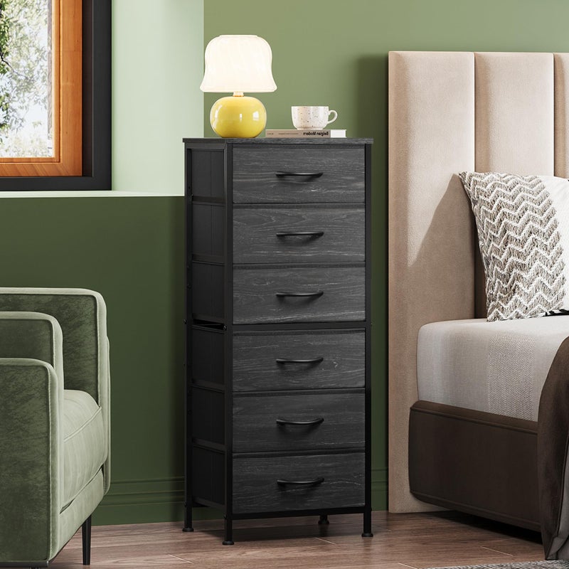 WLIVE Tall Dresser for Bedroom, 6 Drawer Dressers & Chests of Drawers, Fabric Dresser for Closet, Night Stand with Metal Frame, Storage Tower with Fabric Bins, Woodtop, Charcoal Black Wood Grain Print - Image 2