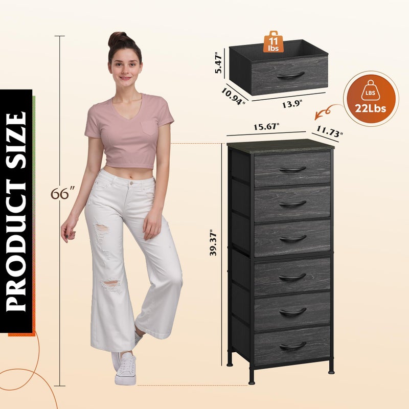 WLIVE Tall Dresser for Bedroom, 6 Drawer Dressers & Chests of Drawers, Fabric Dresser for Closet, Night Stand with Metal Frame, Storage Tower with Fabric Bins, Woodtop, Charcoal Black Wood Grain Print - Image 5