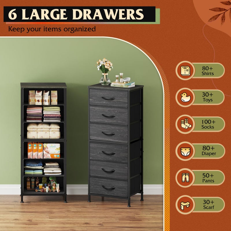 WLIVE Tall Dresser for Bedroom, 6 Drawer Dressers & Chests of Drawers, Fabric Dresser for Closet, Night Stand with Metal Frame, Storage Tower with Fabric Bins, Woodtop, Charcoal Black Wood Grain Print - Image 4