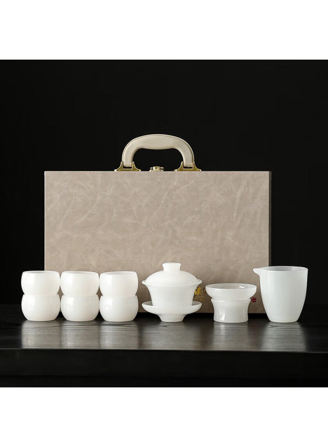 Wangyi High-end Jade Porcelain Glass Tea Set Kung Fu Tea Set Holiday Gift Commemorative White Jade 9-piece Gift Box Set - Image 1