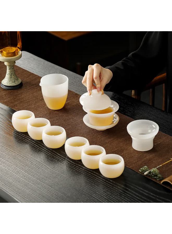 Wangyi High-end Jade Porcelain Glass Tea Set Kung Fu Tea Set Holiday Gift Commemorative White Jade 9-piece Gift Box Set - Image 2