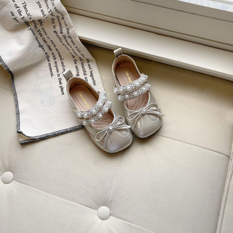 2025 Summer New Girls Leather Mary Jane Shoes with Bow and Pearl - Princess Style for Kids