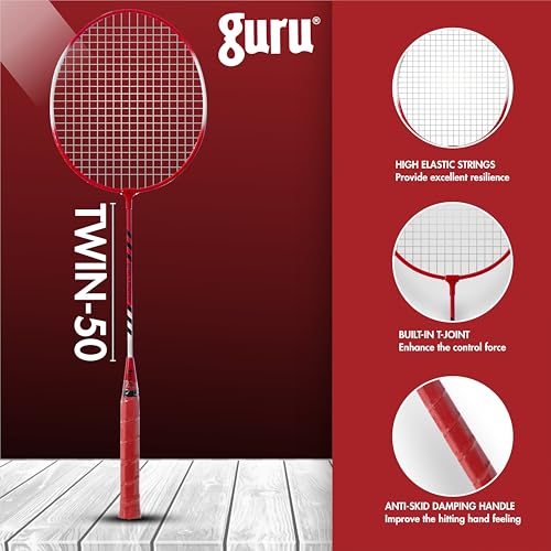 GURU Twin-50 Red Heavy Duty Steel Badminton Rackets Set of 2 with Cover - Image 2