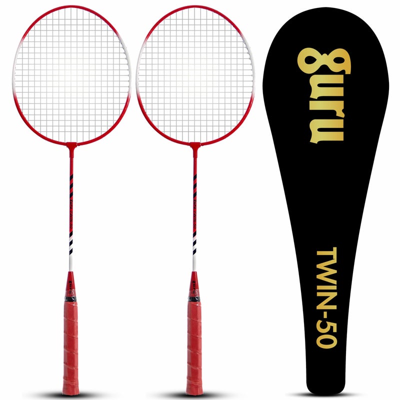 GURU Twin-50 Red Heavy Duty Steel Badminton Rackets Set of 2 with Cover - Image 5