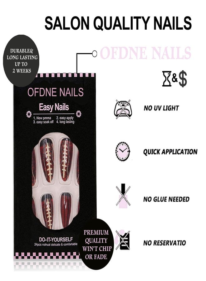 OFDNE Rugby Press on Nails Medium Almond OFDNE Brown Fake Nails False Nails with Designs Rugby Football Full Cover Glossy Glue on Nails Stick on Nails Acrylic Nails for Women Girls 24 Pcs - Image 2