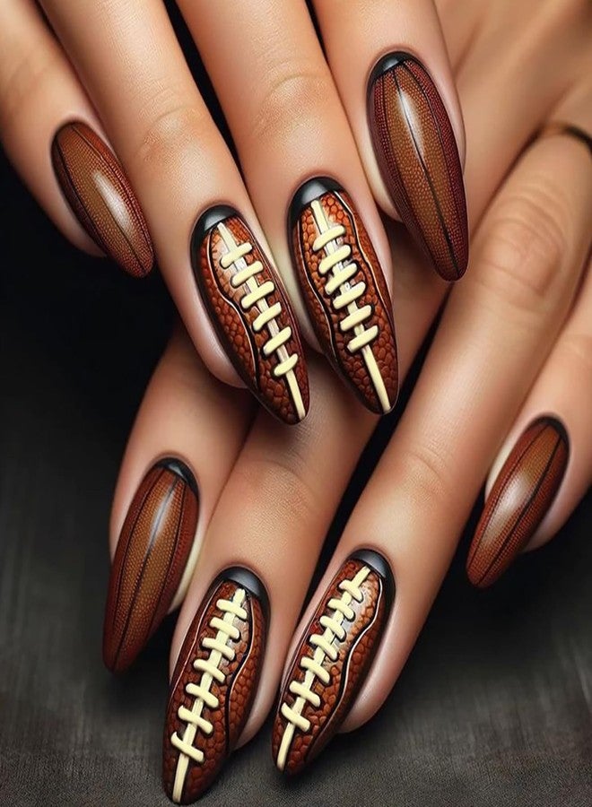 OFDNE Rugby Press on Nails Medium Almond OFDNE Brown Fake Nails False Nails with Designs Rugby Football Full Cover Glossy Glue on Nails Stick on Nails Acrylic Nails for Women Girls 24 Pcs - Image 1