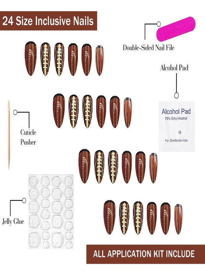 OFDNE Rugby Press on Nails Medium Almond OFDNE Brown Fake Nails False Nails with Designs Rugby Football Full Cover Glossy Glue on Nails Stick on Nails Acrylic Nails for Women Girls 24 Pcs - Image 3